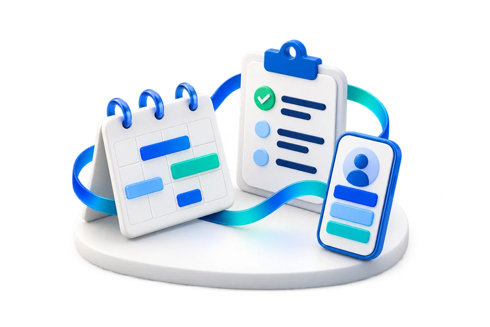 A calendar, work checklist and employee view linked by a blue and teal ribbon.